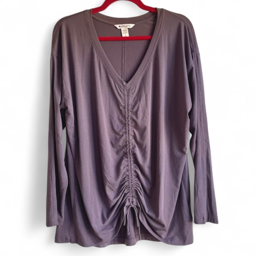 Athleta Purple Drawstring Cinch Front V Neck Long Sleeve Tee Size L